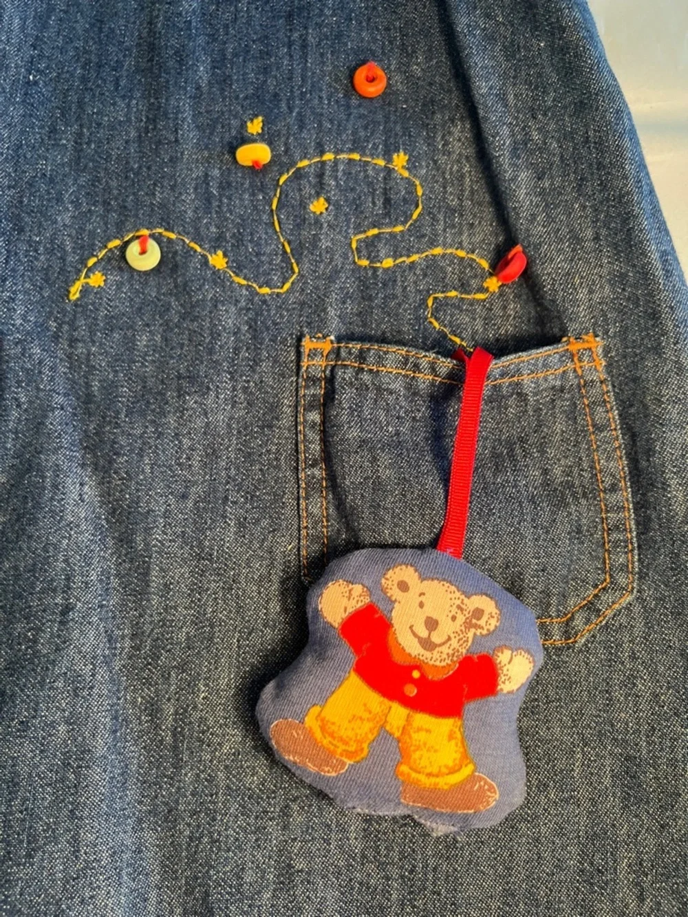 Vintage Children's Blue Denim Overall Dress with Bear Appliqué. Suzéu​
